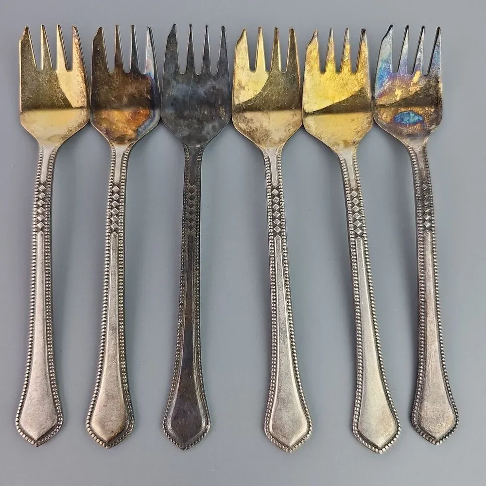 Vintage SILVER PLATED SET 6 SeaFood Cocktail Forks Melchior Cupronicke Beaded